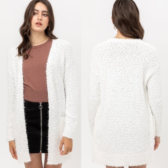 White Eyelash Popcorn Knit Long Cardigan Pockets - Picture 7 of 12